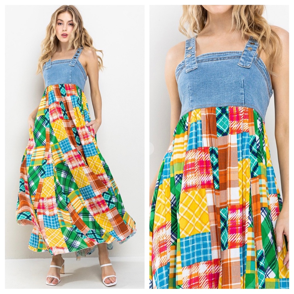 Denim Multi Fabric Pleated Suspender Maxi Dress - Picture 4 of 4